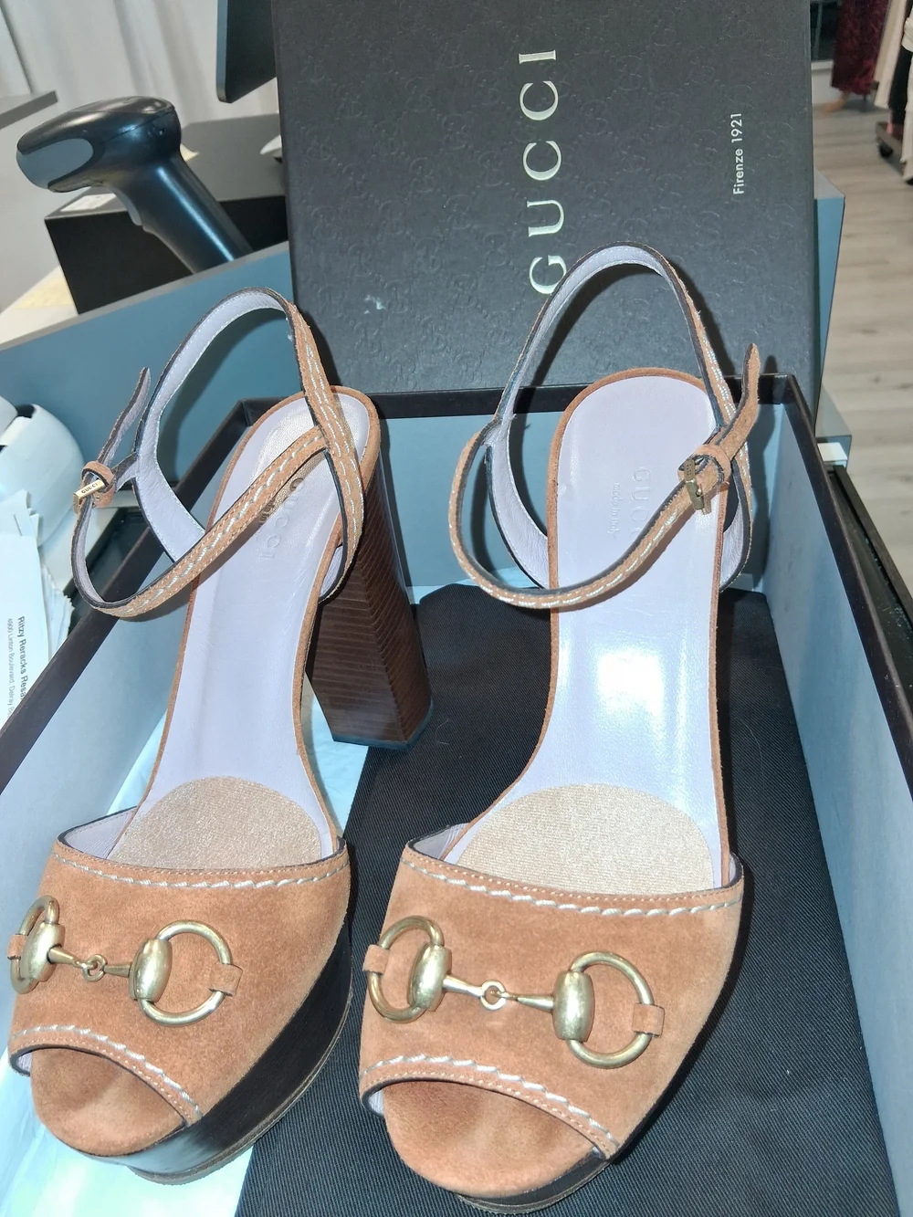 Gucci Camel Brown Suede Horsebit Platform Sandals with Wooden Block Heel /Box